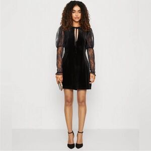 FREE‎ PEOPLE Black Velvet Sheer Lace Mini Dress Long Sleeves Sexy Size Small New